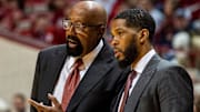 Indiana Head Coach Mike Woodson talks with assistant coach Yasir Rosemond during the second half of the Indiana versus Marian men's basketball game at Simon Skjodt Assembly Hall on Friday, Nov. 3, 2023.