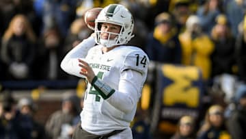 Michigan State's Brian Lewerke throws a pass during the second quarter on Saturday, Nov. 16, 2019, at Michigan Stadium in Ann Arbor.

191116 Msu Um 109a