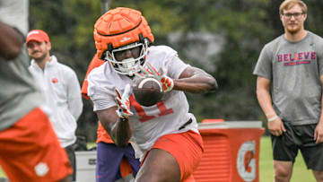 Clemson tight end Olsen Patt-Henry (11) catches a pass during the Clemson first football August practice in Clemson, S.C. Thursday August 1, 2024.
