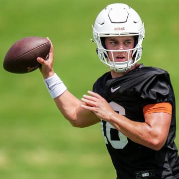 Texas Longhorns Arch Manning, 16, during the first fall football camp practice for the Texas Longhorns at Denius Fields on Wednesday, July 31, 2024.