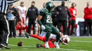 Michigan State's Dillon Tatum breaks up a pass intended Nebraska's Malachi Coleman during the fourth quarter on Saturday, Nov. 4, 2023, at Spartan Stadium in East Lansing.
