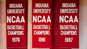 The three national championship banners from teams coached by Bob Knight hang during the Indiana versus Northwood women's basketball game at Simon Skjodt Assembly Hall on Wednesday, Nov. 1, 2023.