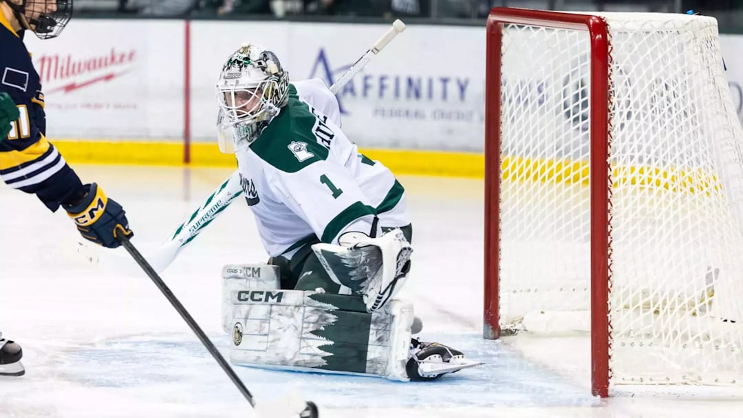 Bemidji State's Max Hildebrand prepares to defend the net.