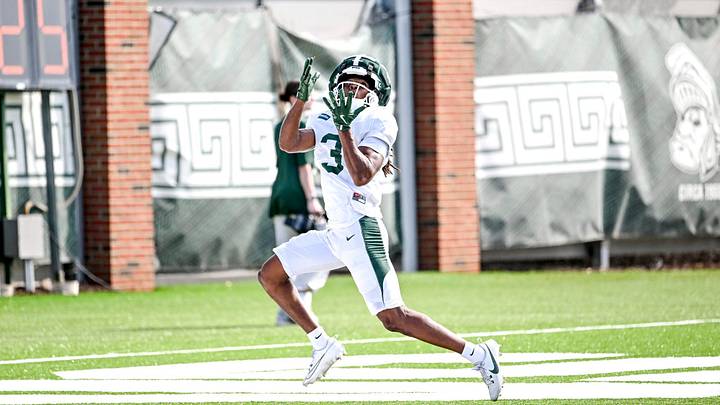 Michigan State receiver Rodney Bullard Jr. catches a pass during football practice on Monday, Aug. 17, 2026, in East Lansing.