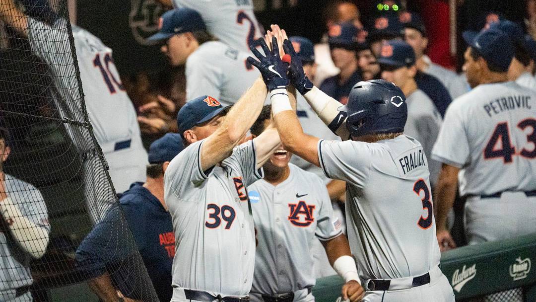 Auburn Tigers' Chase Fralick (3) celebrates his home run as Auburn Tigers take on Milwaukee Panthers during the NCAA Regional Baseball tournament at Plainsman Park in Auburn, Ala. on Sunday, May 31, 2026.
