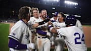 Northwestern Baseball celebrates with Stephen Hrustich after his walk-off hit at Wrigley Field in 2023.