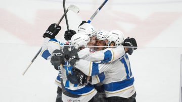 The Cleveland Monsters celebrate a goal by Cleveland Monsters' James Malatesta (11) during the decisive game 7 of the AHL Eastern Conference Finals between the Hershey Bears and Cleveland Monsters on Wednesday, June 12, 2024, at the Giant Center in Hershey. The Bears won, 3-2, in overtime.