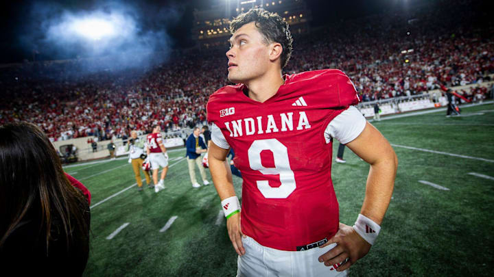 Indiana quarterback Kurtis Rourke gazes into the crowd after the Hoosiers beat Michigan on Nov. 9, 2024, in Bloomington, Indiana.