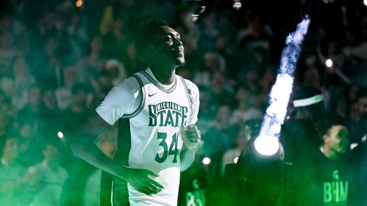 Michigan State's Xavier Booker is introduced as part of the starting lineup before the game against Ohio State on Sunday, Feb. 25, 2024, at the Breslin Center in East Lansing.