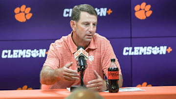 Clemson football Head Coach Dabo Swinney speaks during a press conference at the Smart Family Media Center in Clemson, S.C., Tuesday, August 27, 2024. Clemson plays the University of Georgia at the Mercedes-Benz Stadium in Atlanta, Georgia, on Saturday, August 31, at noon.