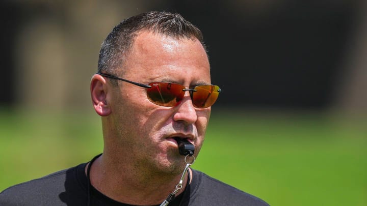 Texas Longhorns Head football coach Steve Sarkisian during the first fall football camp practice for the Texas Longhorns at Denius Fields on Wednesday, July 31, 2024.