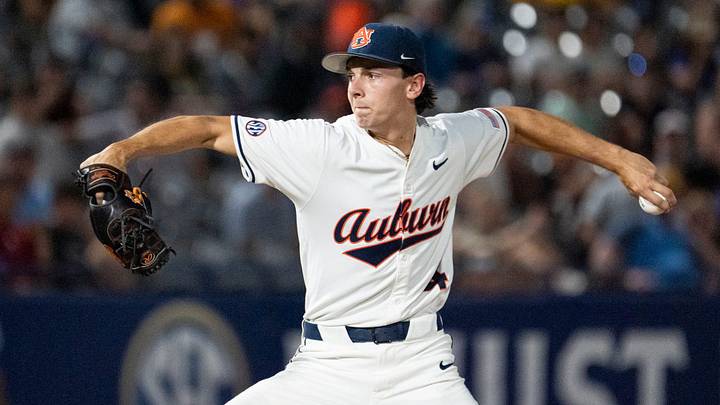 Auburn Tigers' Jake Marciano (4) pitches as Auburn Tigers take on LSU Tigers during the SEC baseball tournament at Hoover Metropolitan Stadium in Hoover, Ala. on Wednesday, May 20, 2026.