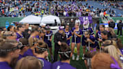 Northwestern head coach Kelly Amonte Hiller speaking to her team in the NCAA Women's Lacrosse Final Four on May 23, 2025.