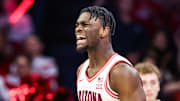Nov 11, 2025; Tucson, Arizona, USA; Arizona Wildcats guard Dwayne Aristode (2) scores a three pointer during the first half of the game against the Northern Arizona Lumberjacks at McKale Memorial Center. Mandatory Credit: Aryanna Frank-Imagn Images