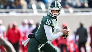 Michigan State's Payton Thorne looks to throw against Indiana during the first quarter on Saturday, Nov. 19, 2022, at Spartan Stadium in East Lansing.

221119 Msu Indiana 054a