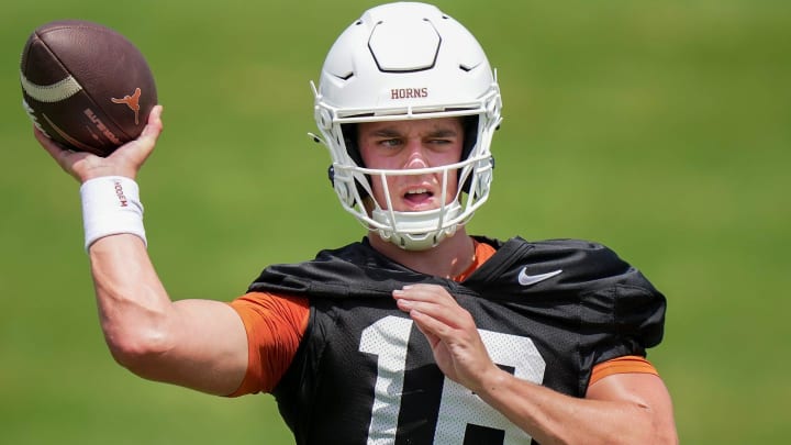 Texas Longhorns Arch Manning, 16, during the first fall football camp practice for the Texas Longhorns at Denius Fields on Wednesday, July 31, 2024.