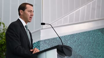 Michigan State University Athletic Director J Batt speaks, Wednesday, June 4, 2025, after being introduced as the Spartan’s new athletic director.