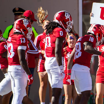 Indiana's Myles Price (4) celebrates a touchdown during the Indiana versus Washington football game at Memorial Stadium on Oct. 26, 2024.