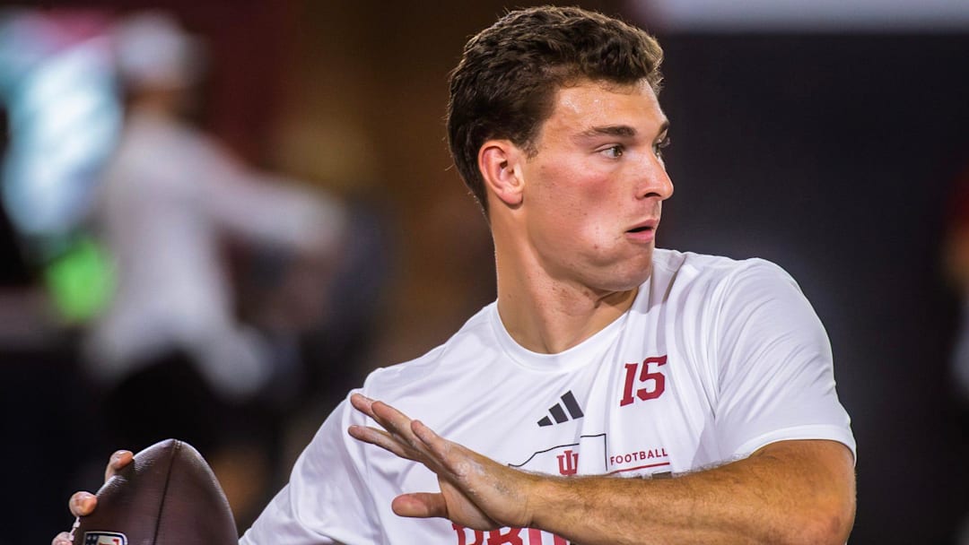 Fernando Mendoza participates in Indiana University's Pro Day at Mellencamp Pavilion on Wednesday, April 1, 2026.