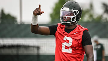 MSU QB Aidan Chiles seen Tuesday, July 29, 2025, during the first day of football practice at the Skandalaris Football Center.