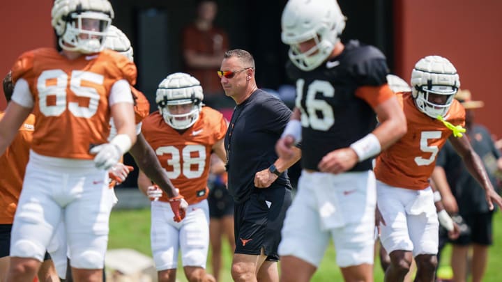 Tuesday, August 6, 2024: Texas Longhorns coach Steve Sarkisian during the sixth day in full pads during fall football camp practice at Denius Fields.