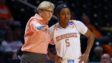 Mar 21, 2015; Knoxville, TN, USA; Tennessee Lady Volunteers head coach Holly Warlick talks to guard Ariel Massengale (5) in the first round of the women's NCAA Tournament against the Boise State Broncos at Thompson-Boling Arena. Tennessee won 72 to 61. Mandatory Credit: Randy Sartin-Imagn Images