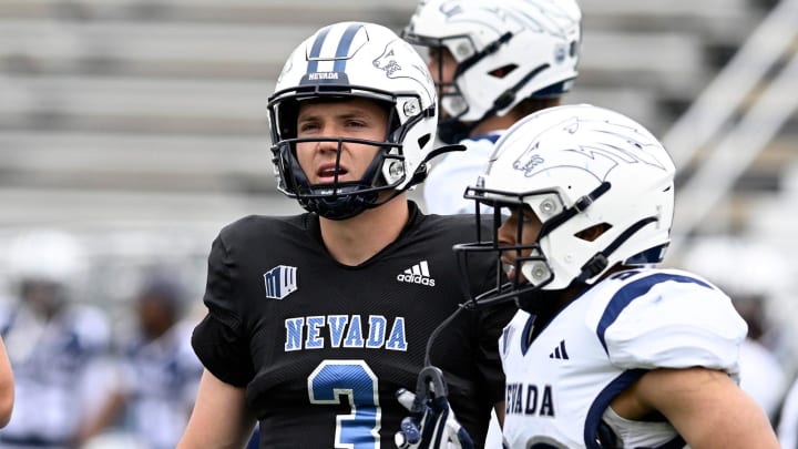 Nevada's Chubba Purdy looks to the sideline between play during the Nevada Silver and Blue Spring Game at Mackay Stadium on Saturday April 13, 2024.