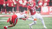 Indiana's Elijah Sarratt (13) runs after the catch during the Indiana versus Maryland football game at Memorial Stadium on Saturday, Sept. 28, 2024.