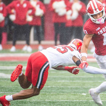 Indiana's Elijah Sarratt (13) runs after the catch during the Indiana versus Maryland football game at Memorial Stadium on Saturday, Sept. 28, 2024.