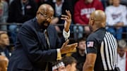 Indiana Head Coach Mike Woodson talks with an official during the Indiana versus Miami (Ohio) men's basketball game at Simon Skjodt Asseembly Hall on Friday, Dec. 6, 2024.