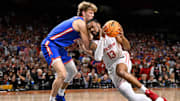 Roberts drives with the basketball during the national championship game Monday in San Antonio. 
