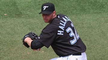 Jun 14, 2008; Toronto, ON, Canada; Toronto Blue Jays starting pitcher Roy Halladay (32) delivers a pitch against the Chicago Cubs at the Rogers Centre in Toronto, ON. The Cubs beat the Blue Jays 6-2. 