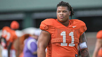 Aug 7, 2024; Clemson, South Carolina, USA; Clemson Tigers defensive lineman Peter Woods (11) during Clemson football practice at Jervey Meadows in Clemson, S.C. Mandatory Credit: Ken Ruinard-Imagn Images