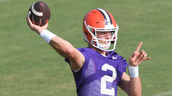 Clemson quarterback Cade Klubnik (2) passes the ball during the Clemson second August practice in Clemson, S.C. Friday August 2, 2024.