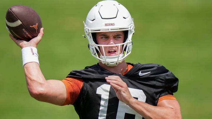 Texas Longhorns Arch Manning, 16, during the first fall football camp practice for the Texas Longhorns at Denius Fields on Wednesday, July 31, 2024.