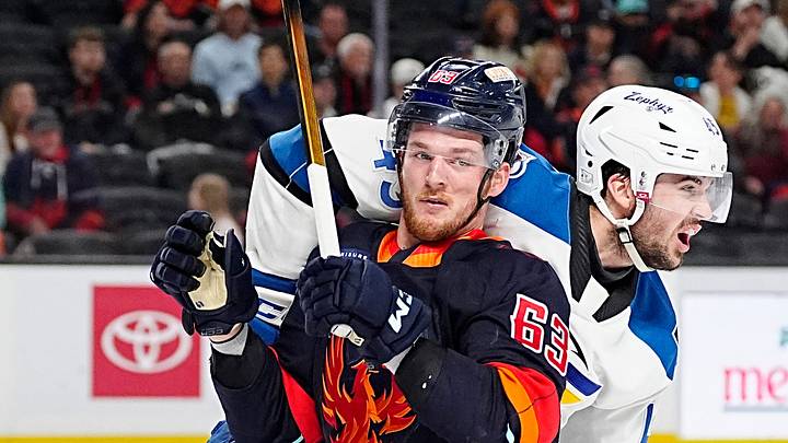 Firebirds forward Jacob Melanson (63) blocks Colorado Eagles defenseman Alex Gagne (45) during game two of the Pacific Division Finals at Acrisure Arena in Palm Desert, Calif., on Friday, May 15, 2026. Firebirds forward Jacob Melanson (63) blocks Colorado Eagles defenseman Alex Gagne (45) during game two of the Pacific Division Finals at Acrisure Arena in Palm Desert, Calif., on Friday, May 15, 2026.