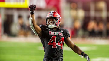 Indiana's Aaron Casey (44) celebrates during the second half of the Indiana versus Akron football game at Memorial Stadium on Saturday, September 23, 2023.