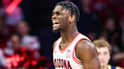 Nov 11, 2025; Tucson, Arizona, USA; Arizona Wildcats guard Dwayne Aristode (2) scores a three pointer during the first half of the game against the Northern Arizona Lumberjacks at McKale Memorial Center. Mandatory Credit: Aryanna Frank-Imagn Images