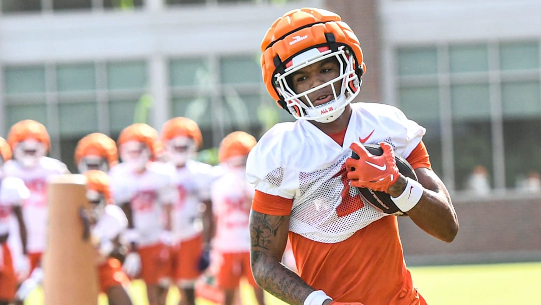 Clemson wide receiver T.J. Moore (1) catches a pass during the Clemson second August practice in Clemson, S.C. Friday August 2, 2024.