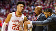 Indiana's Trayce Jackson-Davis (23) gets instructed by head coach Mike Woodson during the second half of the Indiana versus Illinois men's basketball game at Simon Skjodt Assembly Hall on Saturday, Feb. 5, 2022.