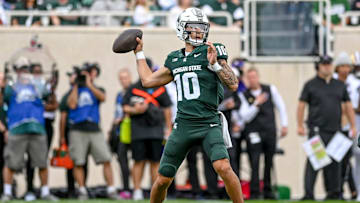 Michigan State's Noah Kim throws a pass against Washington during the first quarter on Saturday, Sept. 16, 2023, at Spartan Stadium in East Lansing.