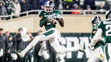 Michigan State's Justin Layne nearly intercepts a Rutgers pass during the second quarter on Saturday, Nov. 24, 2018, at Spartan Stadium in East Lansing.

181124 Msu Rutgers 321a