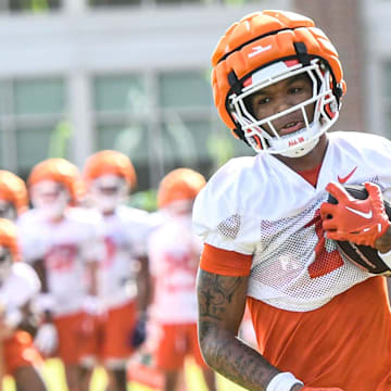 Clemson wide receiver T.J. Moore (1) catches a pass during the Clemson second August practice in Clemson, S.C. Friday August 2, 2024.