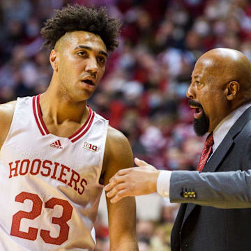 Indiana's Trayce Jackson-Davis (23) gets instructed by head coach Mike Woodson during the second half of the Indiana versus Illinois men's basketball game at Simon Skjodt Assembly Hall on Saturday, Feb. 5, 2022.