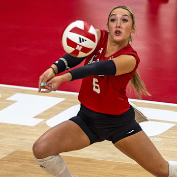 Nebraska libero Laney Choboy passes the ball against Oregon. She finished with 20 digs against Illinois.