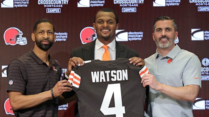 Andrew Berry, Deshaun Watson and Kevin Stefanski at Watson’s introductory press conference in 2022. Andrew Berry, Deshaun Watson and Kevin Stefanski at Watson’s introductory press conference in 2022.