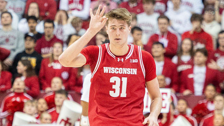 Wisconsin's Nolan Winter (31) celebrates a three-pointer during the Indiana versus Wisconsin men's basketball game at Simon Skjodt Assembly Hall on Saturday, Feb. 7, 2026.