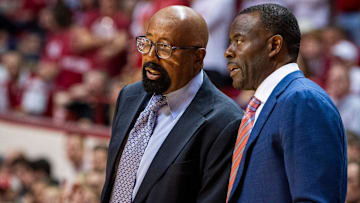 Indiana Head Coach Mike Woodson talks with Assistant Coach Kenya Hiunter during the second half of the Indiana versus Florida Gulf Coast men's basketball game at Simon Skjodt Assembly Hall on Tuesday, Nov. 7, 2023.