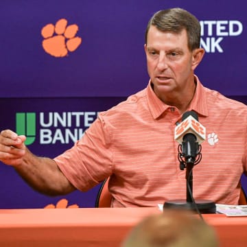 Clemson football Head Coach Dabo Swinney speaks during a press conference at the Smart Family Media Center in Clemson, S.C. Tuesday, August 27, 2024. Clemson plays University of Georgia at the Mercedes-Benz Stadium in Atlanta, Georgia Saturday, August 31 at noon.