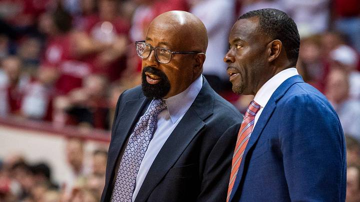 Indiana Head Coach Mike Woodson talks with Assistant Coach Kenya Hiunter during the second half of the Indiana versus Florida Gulf Coast men's basketball game at Simon Skjodt Assembly Hall on Tuesday, Nov. 7, 2023.